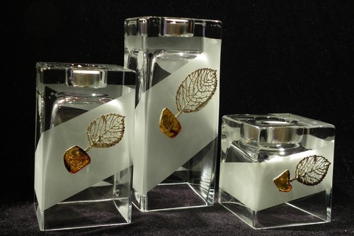 Set of 3 frosted glass vases and candle holders decorated with silver and amber tree motif.