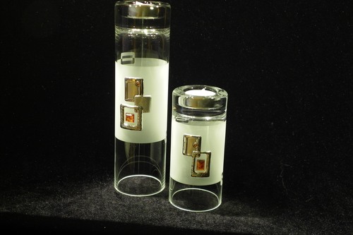 Set of 2 frosted glass vases and candle holders decorated with silver and amber square motif.