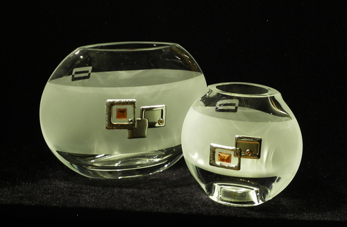 Set of 2 frosted glass vase and glass vase &amp; candle holder decorated with silver and amber square motif.