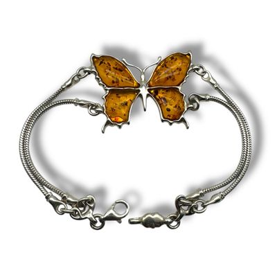 Sterling Silver Cognac Amber Butterfly Bracelet
