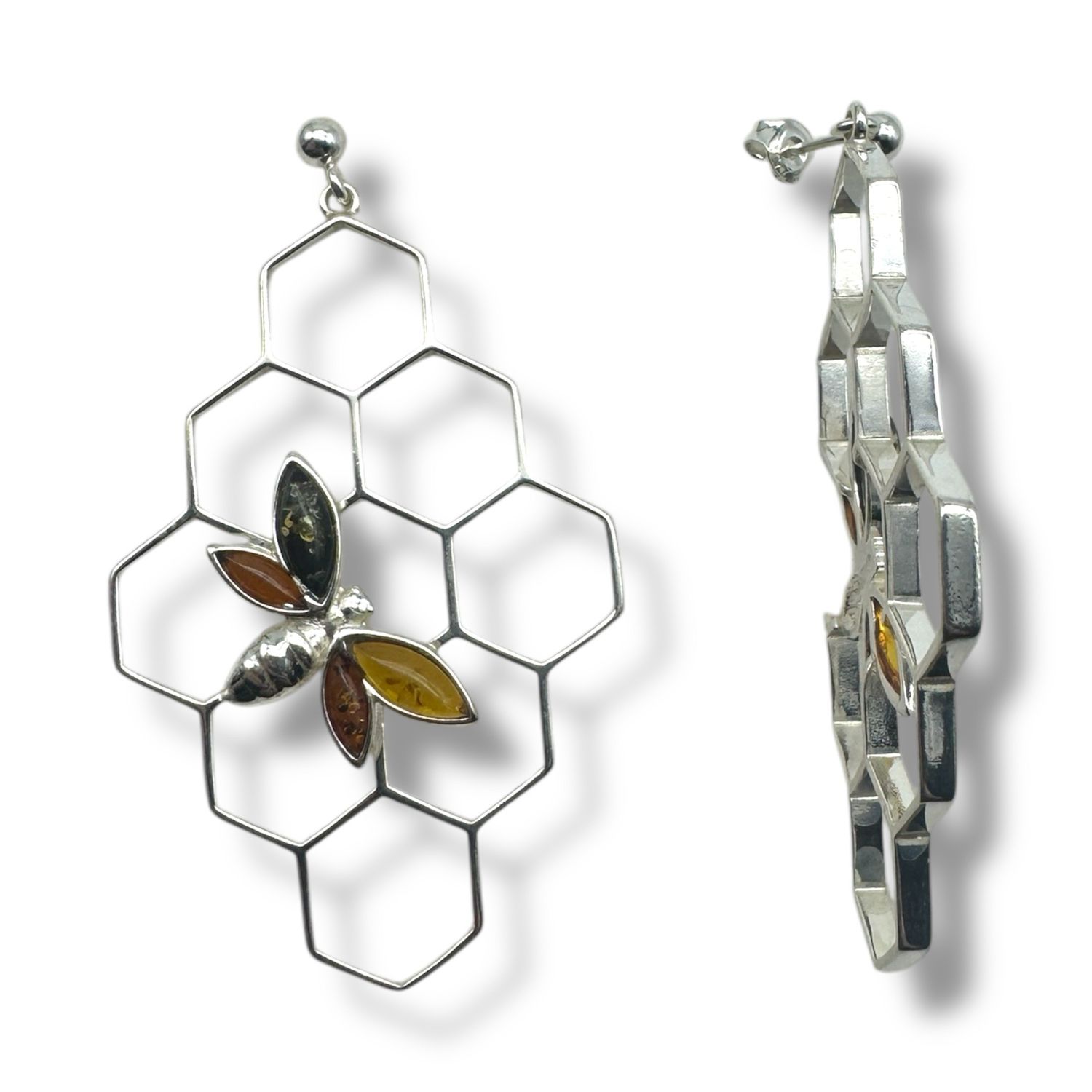 Sterling Silver Multicoloured Amber Dangly Earrings
