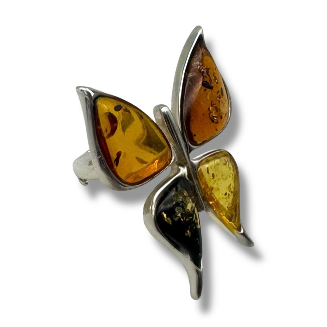 Sterling Silver Multicolour Butterfly Amber Adjustable Ring