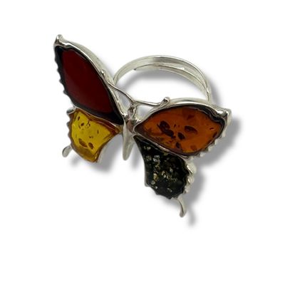 Sterling Silver Multicolour Butterfly Amber Adjustable Ring