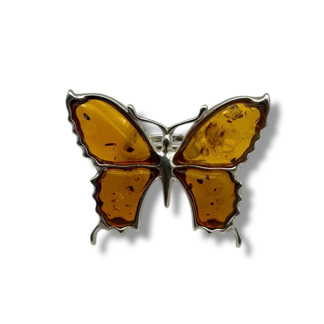 Sterling Silver Cognac Butterfly Amber Adjustable Ring
