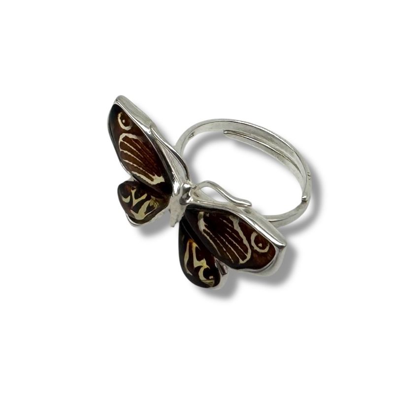 Sterling Silver Laser Engraved  Butterfly Amber Adjustable Ring