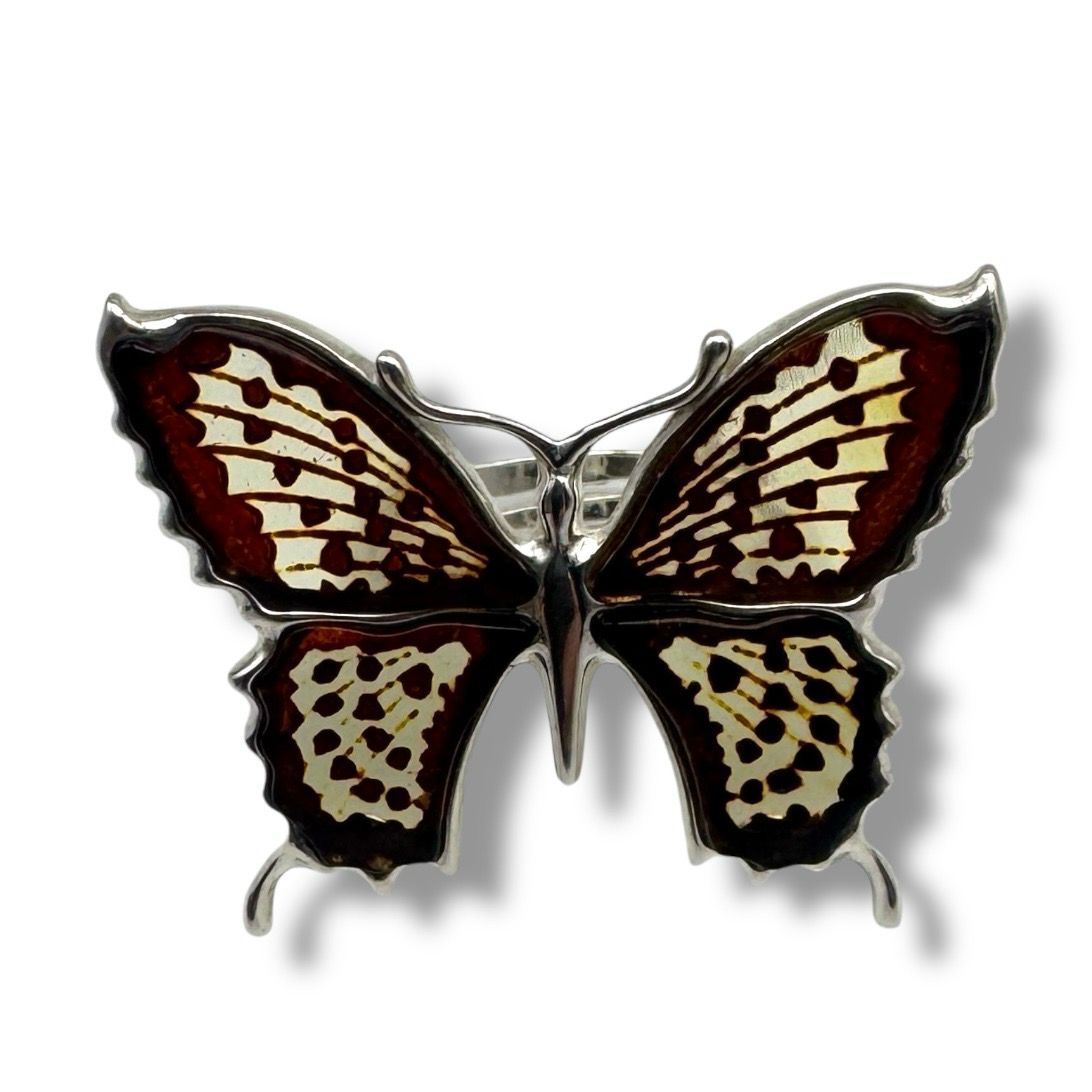 Sterling Silver Laser Engraved  Butterfly Amber Adjustable Ring