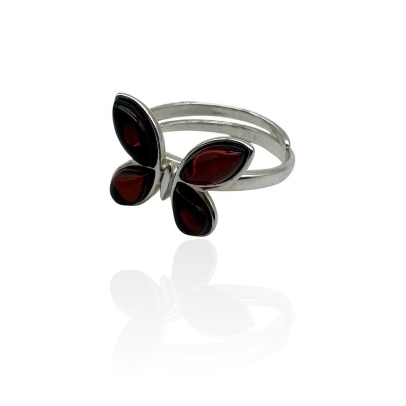 Sterling Silver Cherry Butterfly Amber Adjustable Ring