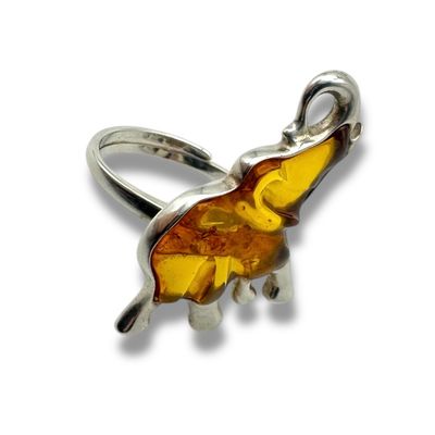 Sterling Silver Cognac Elephant Amber Adjustable Ring