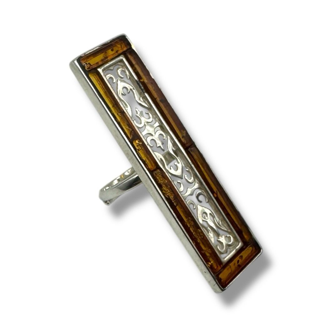 Sterling Silver Cognac  Amber Adjustable Ring
