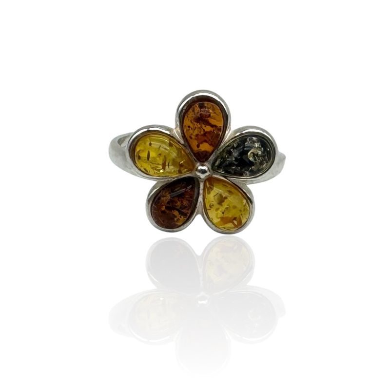 Sterling Silver Multicolour Flower Amber Adjustable Ring
