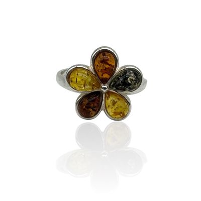 Sterling Silver Multicolour Flower Amber Adjustable Ring
