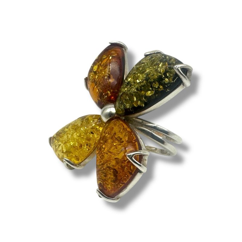 Sterling Silver Multicolour Amber Flower Adjustable Ring