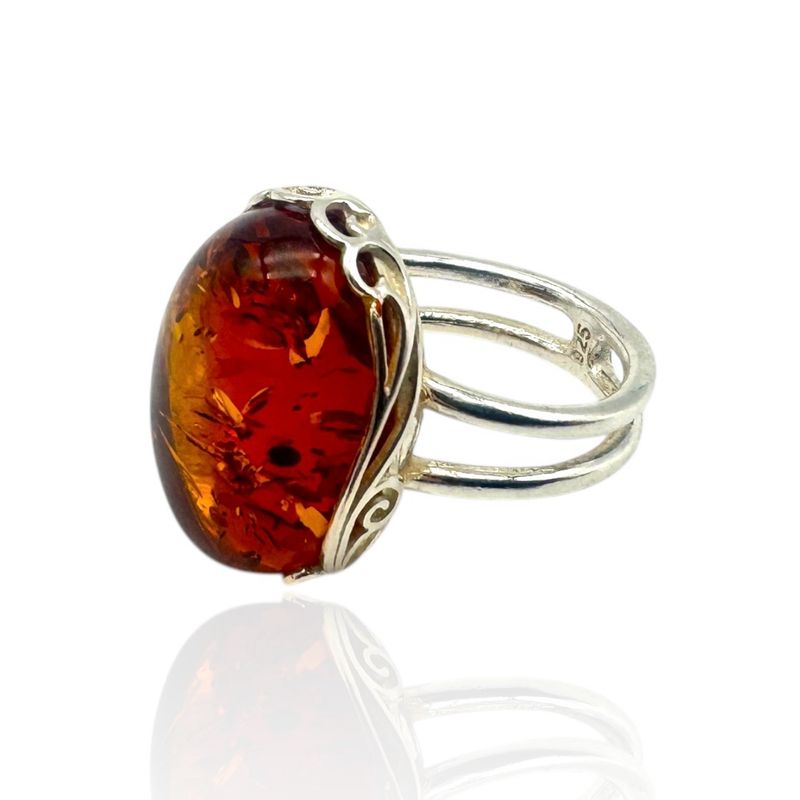 Sterling Silver Cognac  Amber Adjustable Ring