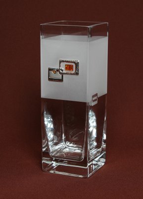 Frosted Glass Vase with  Silver and Amber  Square Pattern . Square block shape. Height 25cm.