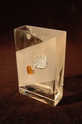 Frosted Glass Vase with  Silver and Amber Tree motif. Cubic shape. Height 16cm.