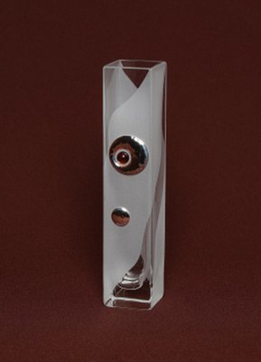 Frosted Glass Vase with  Silver and Amber circular motif. Cubic square shape. Height 20cm.