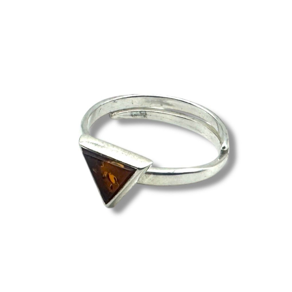Sterling Silver Cognac Amber Triangle Adjustable Ring