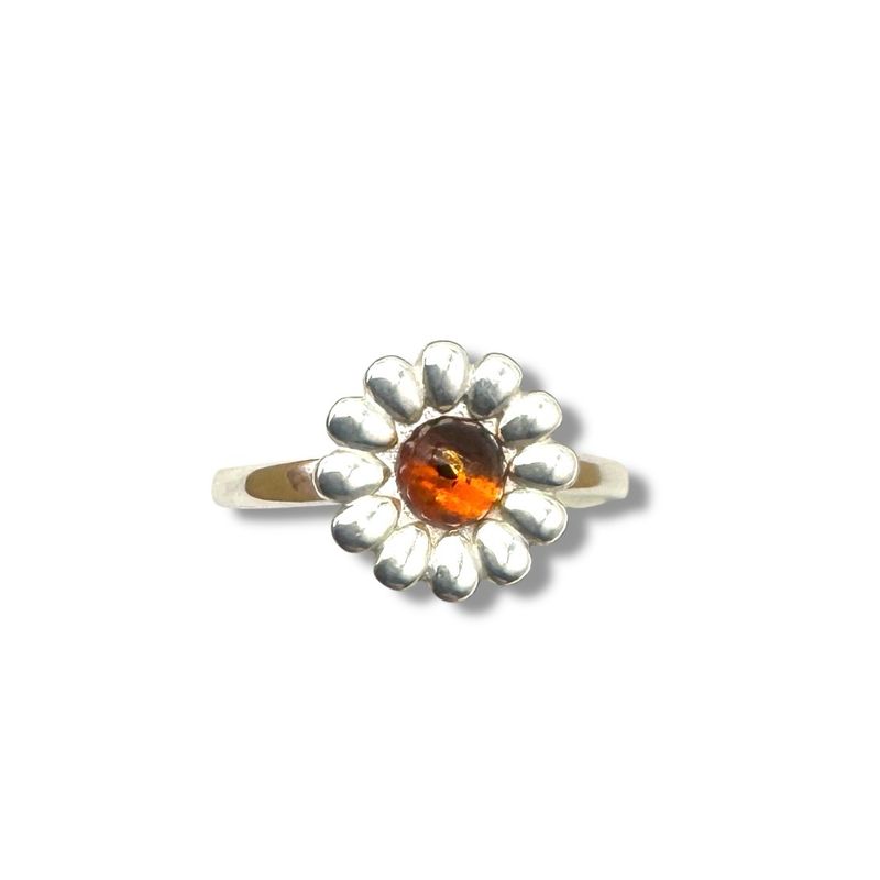 Sterling Silver Cognac Amber Flower Adjustable Ring