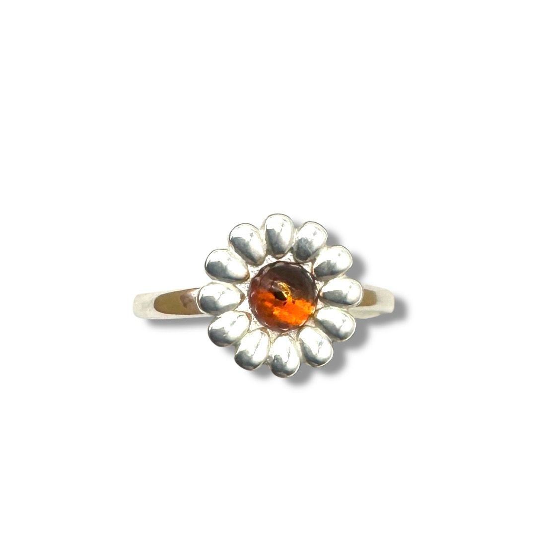 Sterling Silver Cognac Amber Flower Adjustable Ring