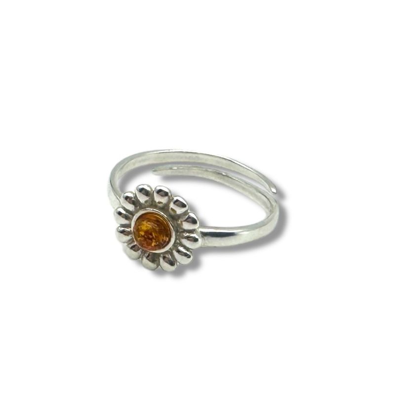 Sterling Silver Cognac Amber Flower Adjustable Ring