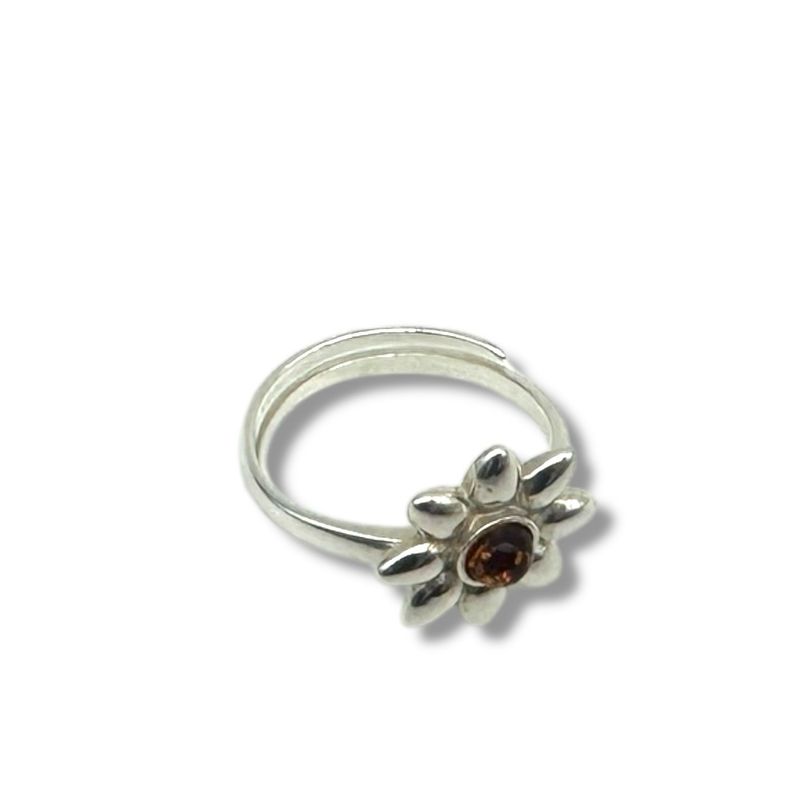 Sterling Silver Cognac Amber Flower Adjustable Ring