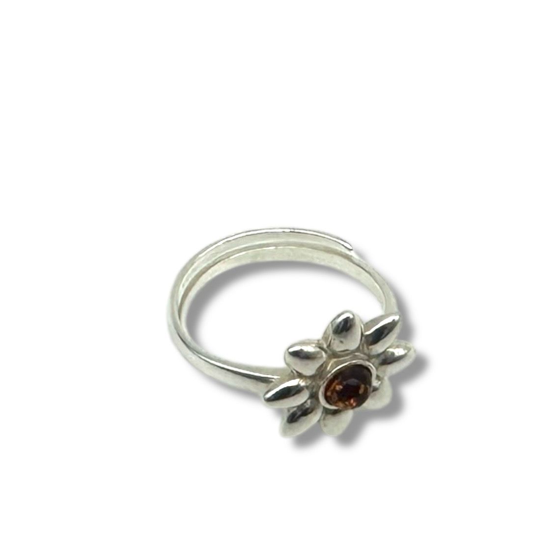 Sterling Silver Cognac Amber Flower Adjustable Ring
