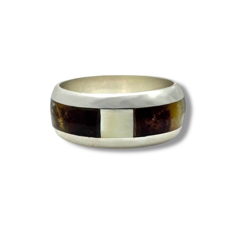Sterling Silver Multicolour Amber Inlay Band Ring