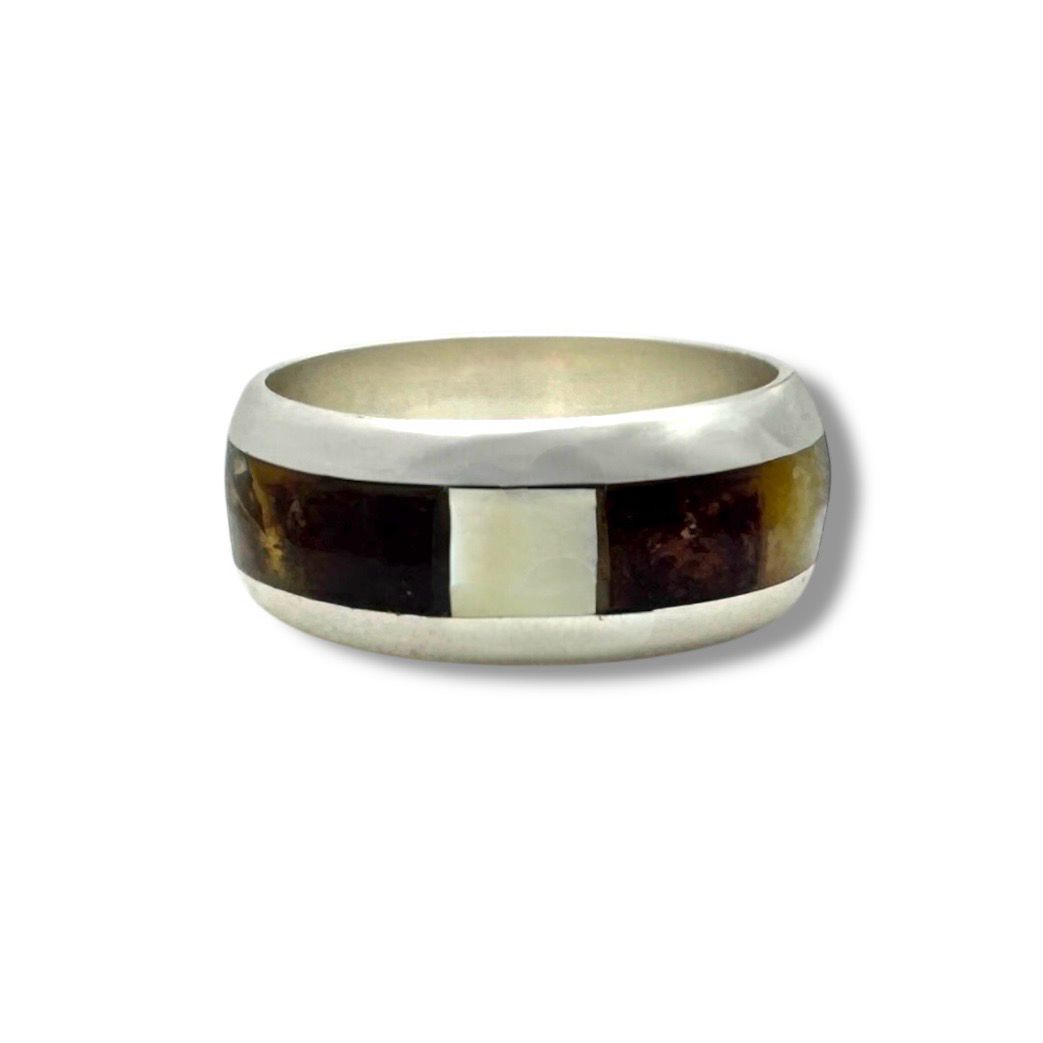 Sterling Silver Multicolour Amber Inlay Band Ring