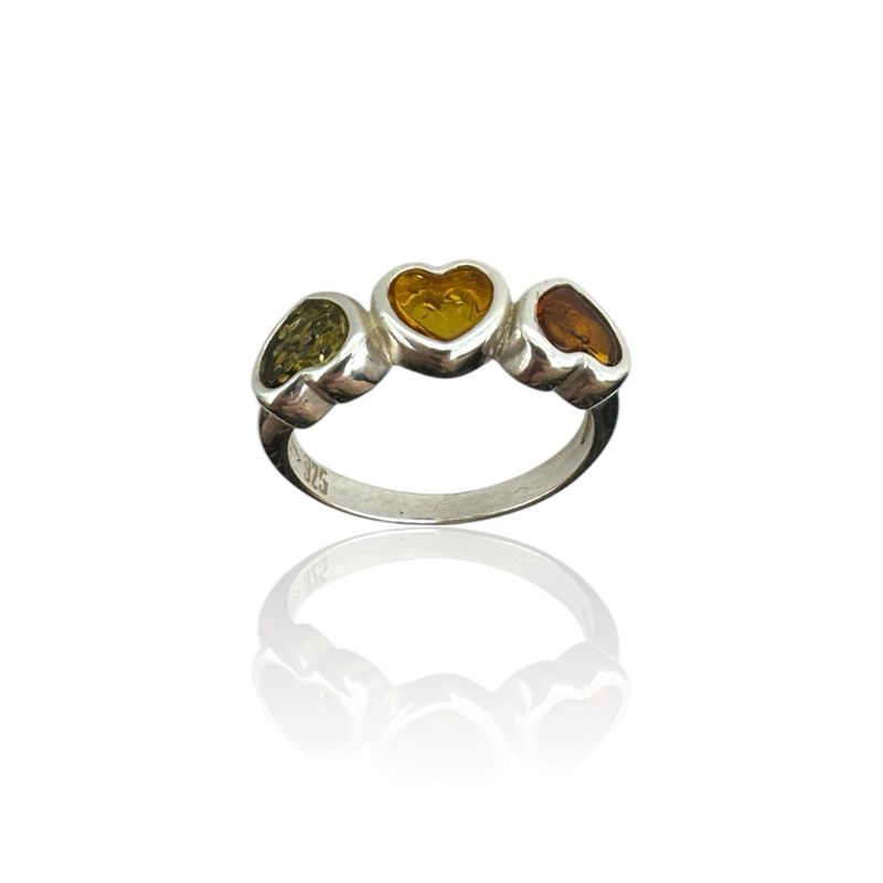 Sterling Silver Multicolour Amber Hearts Ring