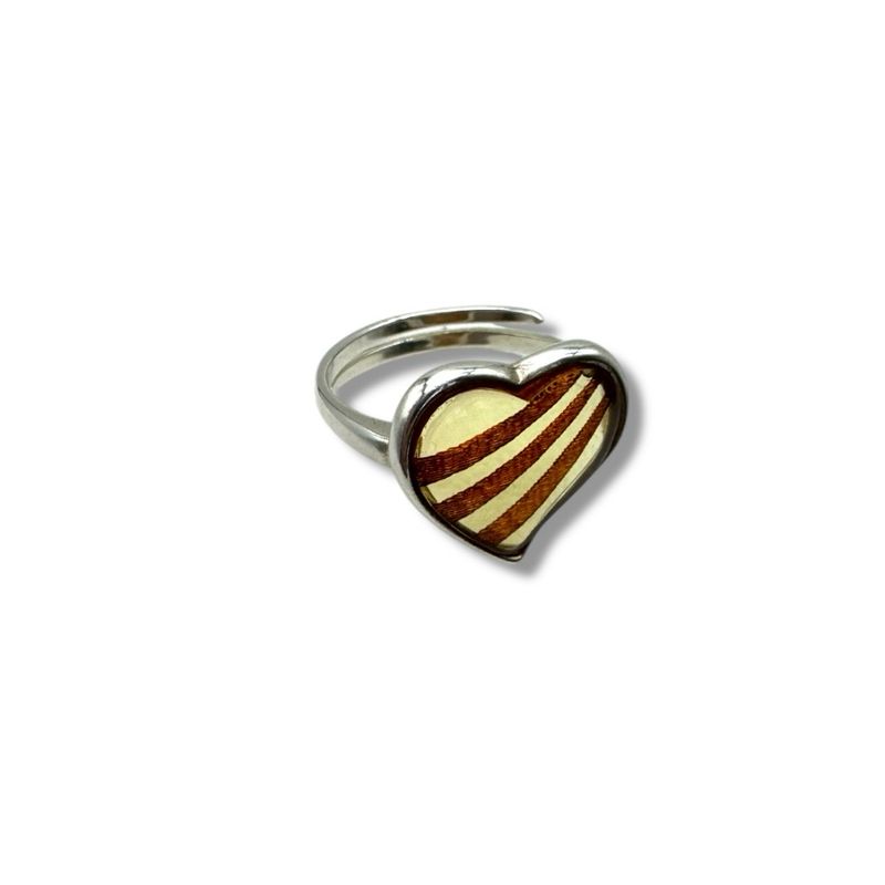 Sterling Silver Laser Engraved  Heart Amber Adjustable Ring