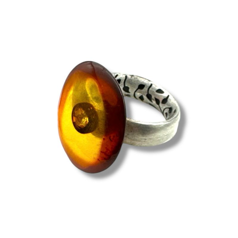 Sterling Silver Cognac Zirconia and Amber Ring