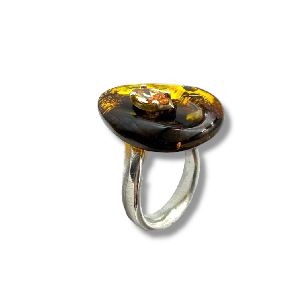 Sterling Silver Cognac and Zirconia Amber Ring