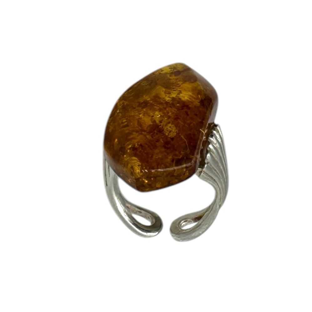 Sterling Brushed Silver Cognac Amber Ring