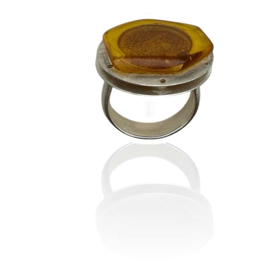Sterling Brushed Silver Lemon​ Amber Ring