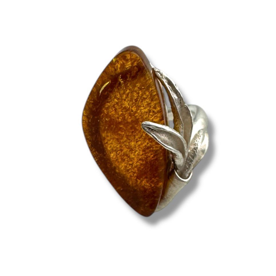 Brushed Sterling Silver Cognac Amber Ring