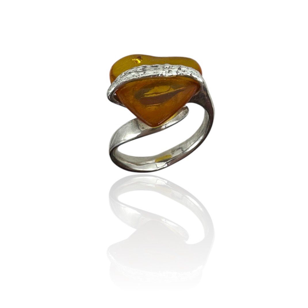 Sterling Silver Cognac Heart Amber Ring