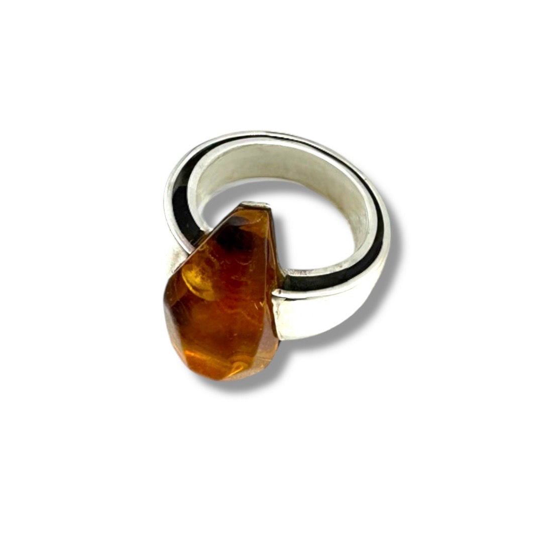 Sterling Silver Cognac Amber Ring