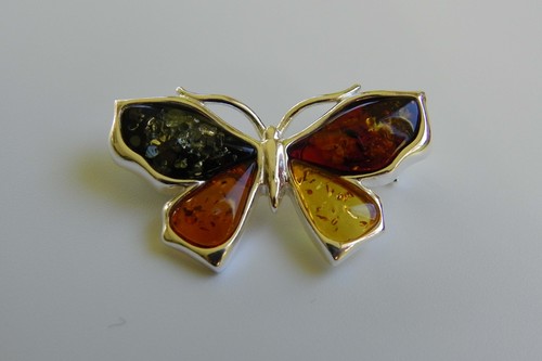 Multicolour Baltic Amber and Sterling Silver Butterfly Brooch