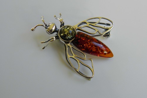 Multicolour Baltic Amber and Sterling Silver Fly Brooch