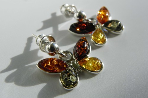 Multicolour Baltic Amber and Sterling Silver Butterfly Studs Earrings