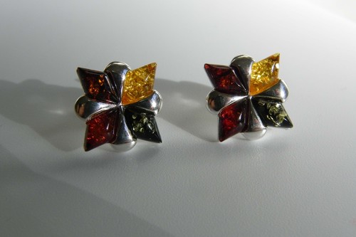 Multicolour Baltic Amber and Sterling Silver Studs Earrings