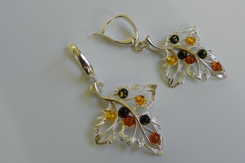 Multicolour Baltic Amber and Sterling Silver Leaves Earrings