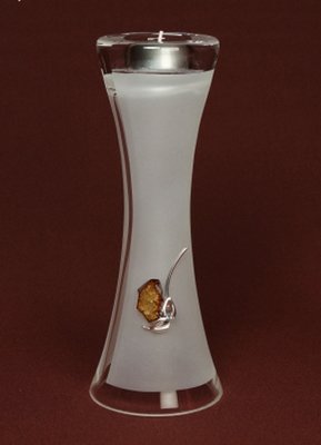 Frosted Glass Vase and Candle Holder with  Silver and Amber flower motif . Two ways use. Trumpet shape. Height 25cm.