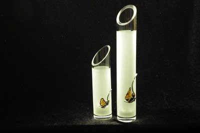 Set of 2 frosted glass vases decorated with silver and amber flower motif.
