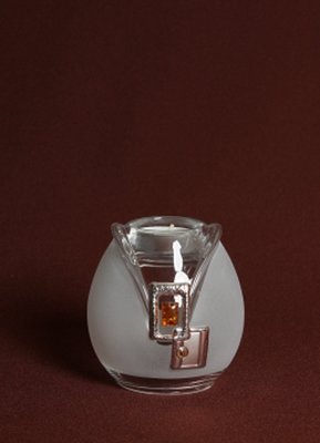 Frosted Glass Vase and Candle Holder with Silver and Amber square motifs. Two way use glass. Height 10 cm.