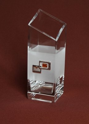 Frosted Glass Vase decorated with silver square motifs. Angle cut square shape. Height 25cm.