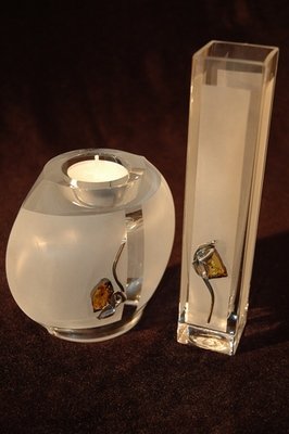 Set of 2 frosted glass vase and glass candle holder decorated with silver and amber flower motif.