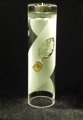 Frosted Glass Vase and Candle Holder with  Silver and Amber Tree motif . Two ways use. Tube cylinder shape. Height 25cm.