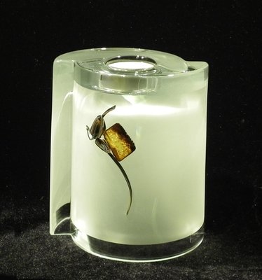 Frosted Glass Vase and Candle Holder with  Silver and Amber Flower motif . Two ways use. Semi circular shape. Height 15cm.