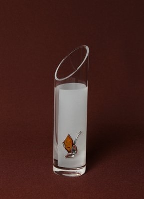 Glass Vase  with  Silver and Amber Tree motif. Angle cut cylinder shape. Height 20cm.
